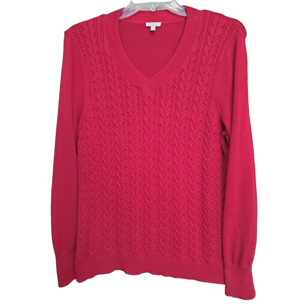Talbots Woman 100% Cotton Red Cable-Knit V-Neck Long Sleeve Sweater Size 2X